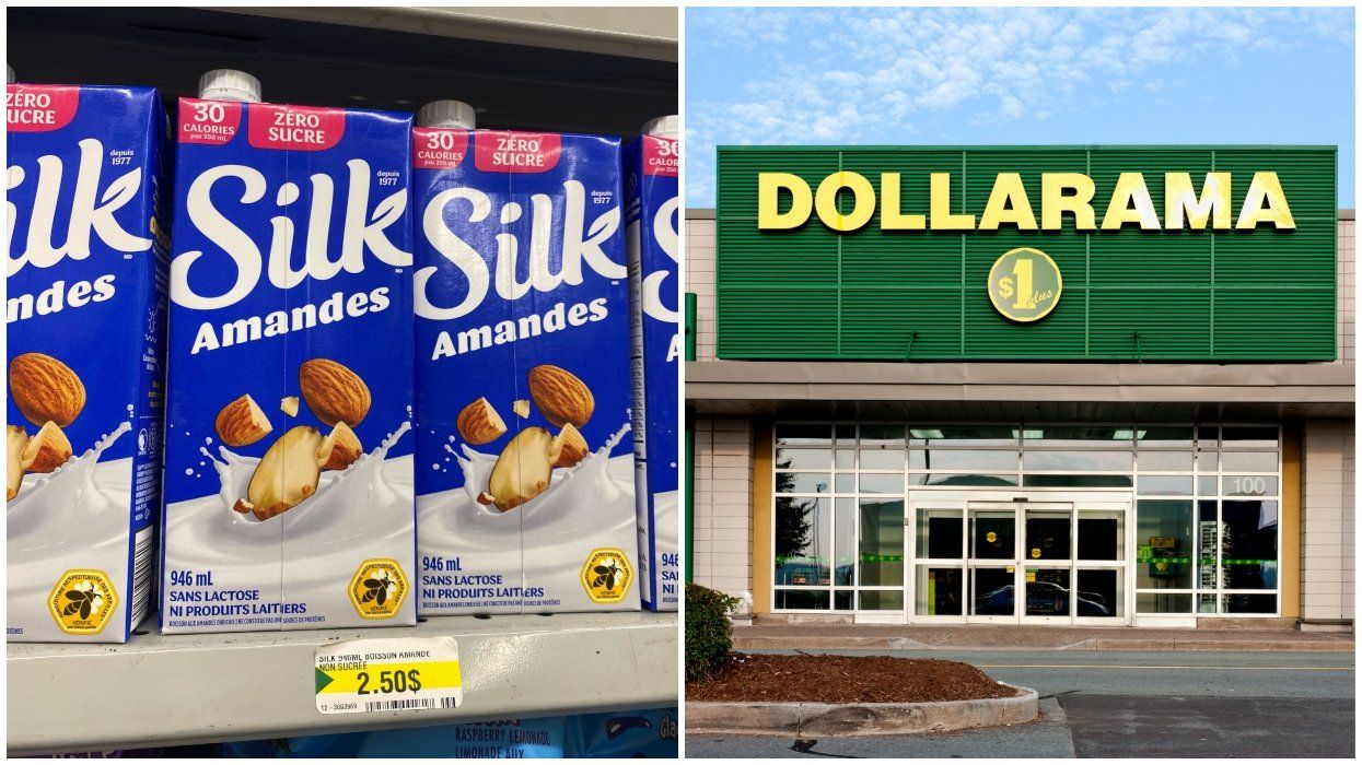 A shelf full of almond milk. Right: A Dollarama store.