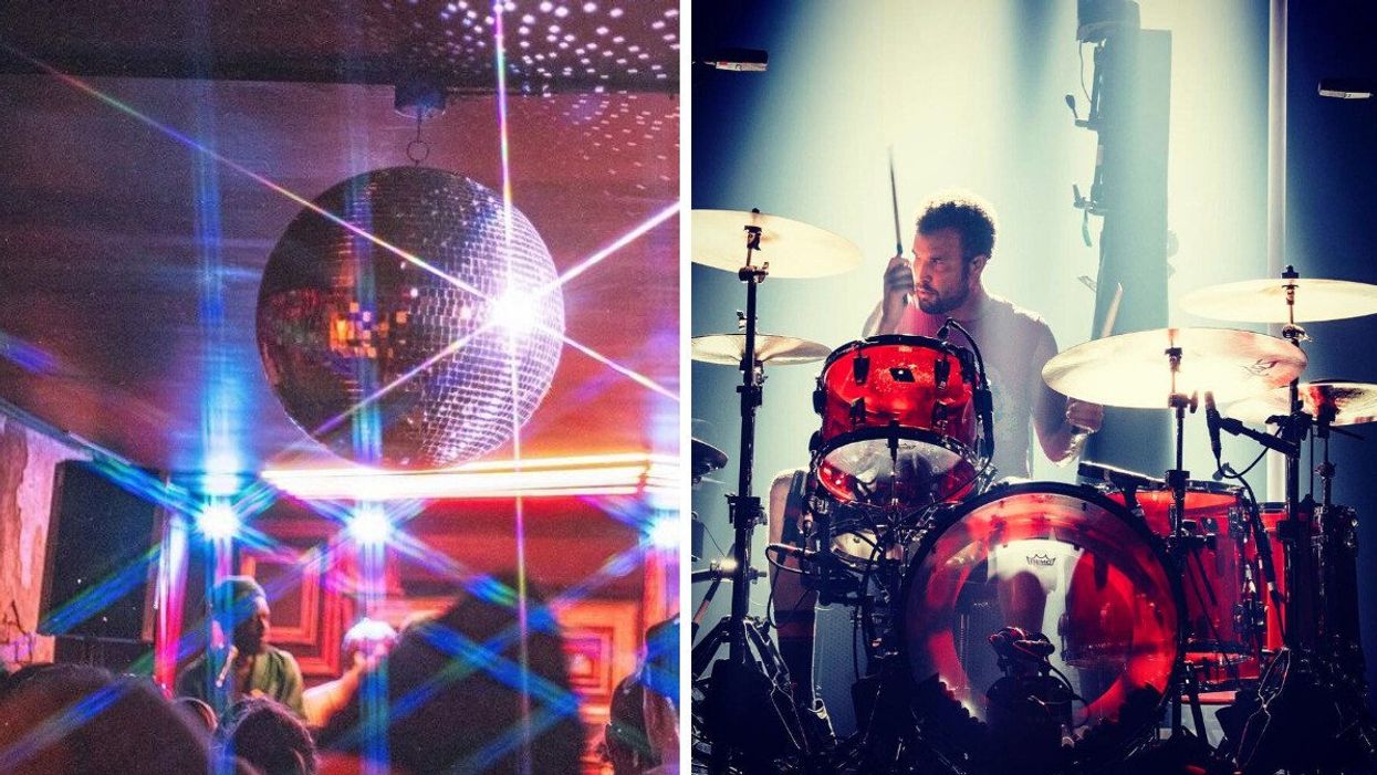 A shimmering disco ball. Right: The Queens of the Stone Age drummer.