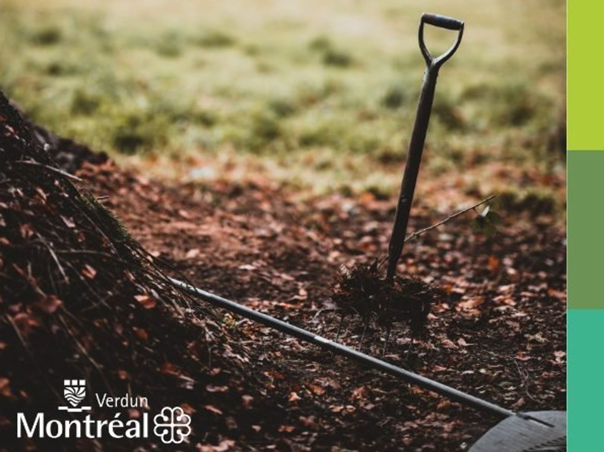 A shovel in compost with the Verdun logo in the bottom right corner.