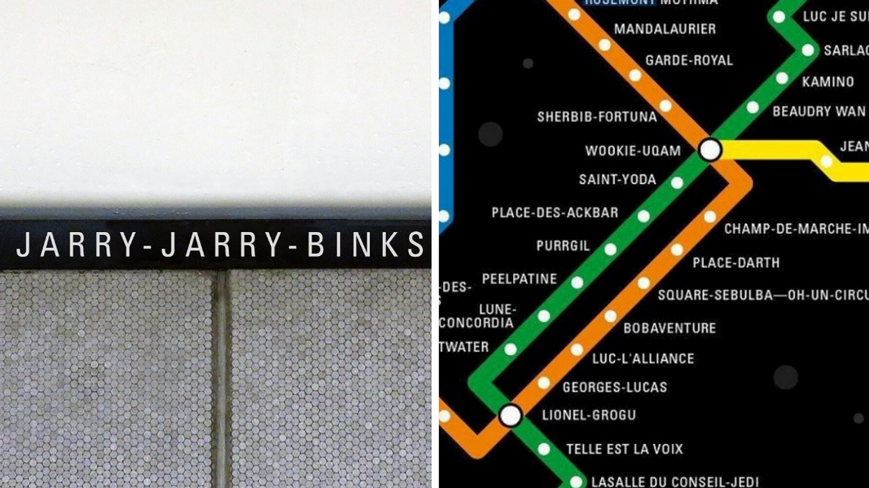 A sign for Montreal's Jarry metro station reads "Jarry-Jarry-Binks." Right: The STM's 'May The Fourth' edition metro map.