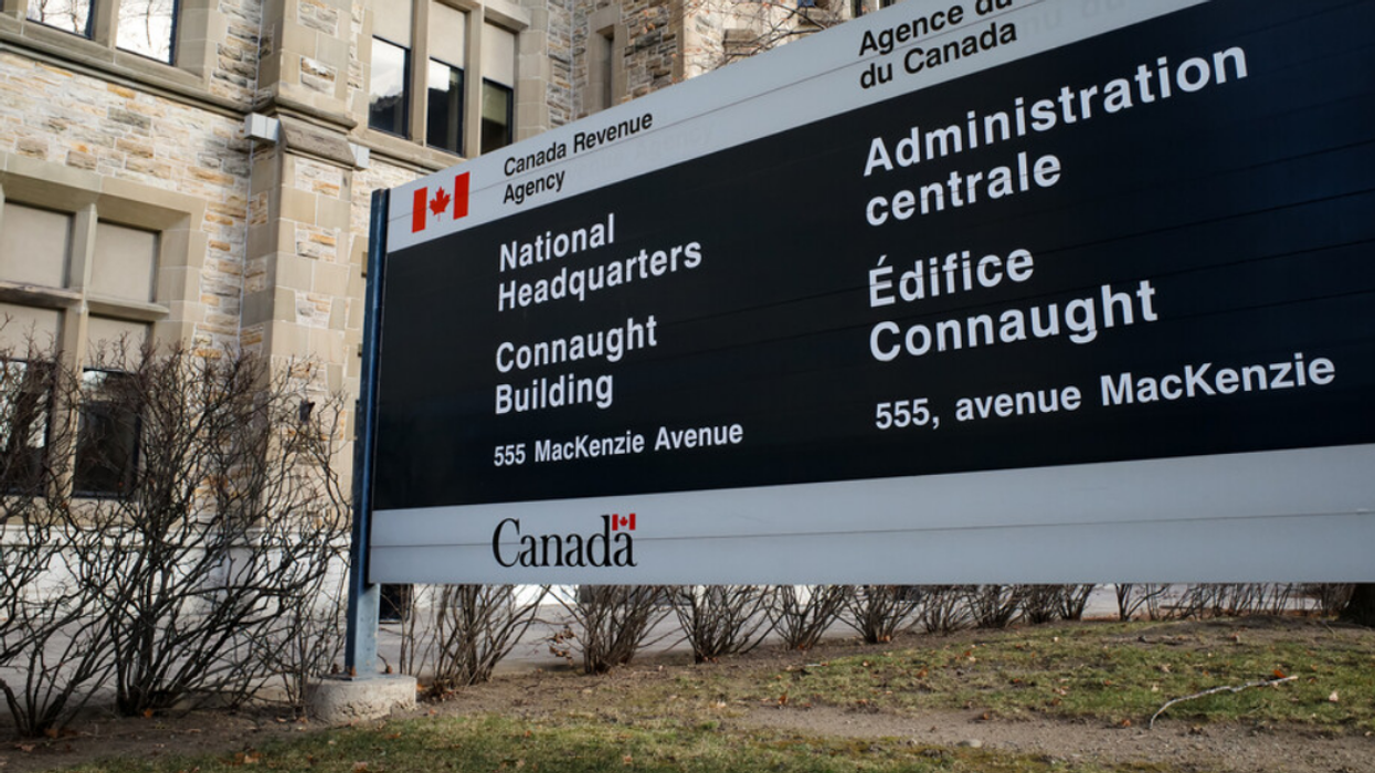 A sign for the National Headquarters of the Canada Revenue Agency (CRA) outside the Connaught Building in Ottawa.