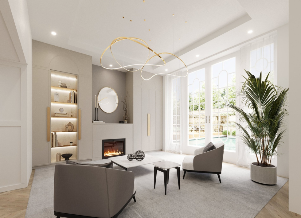 A sitting room with a pool view.
