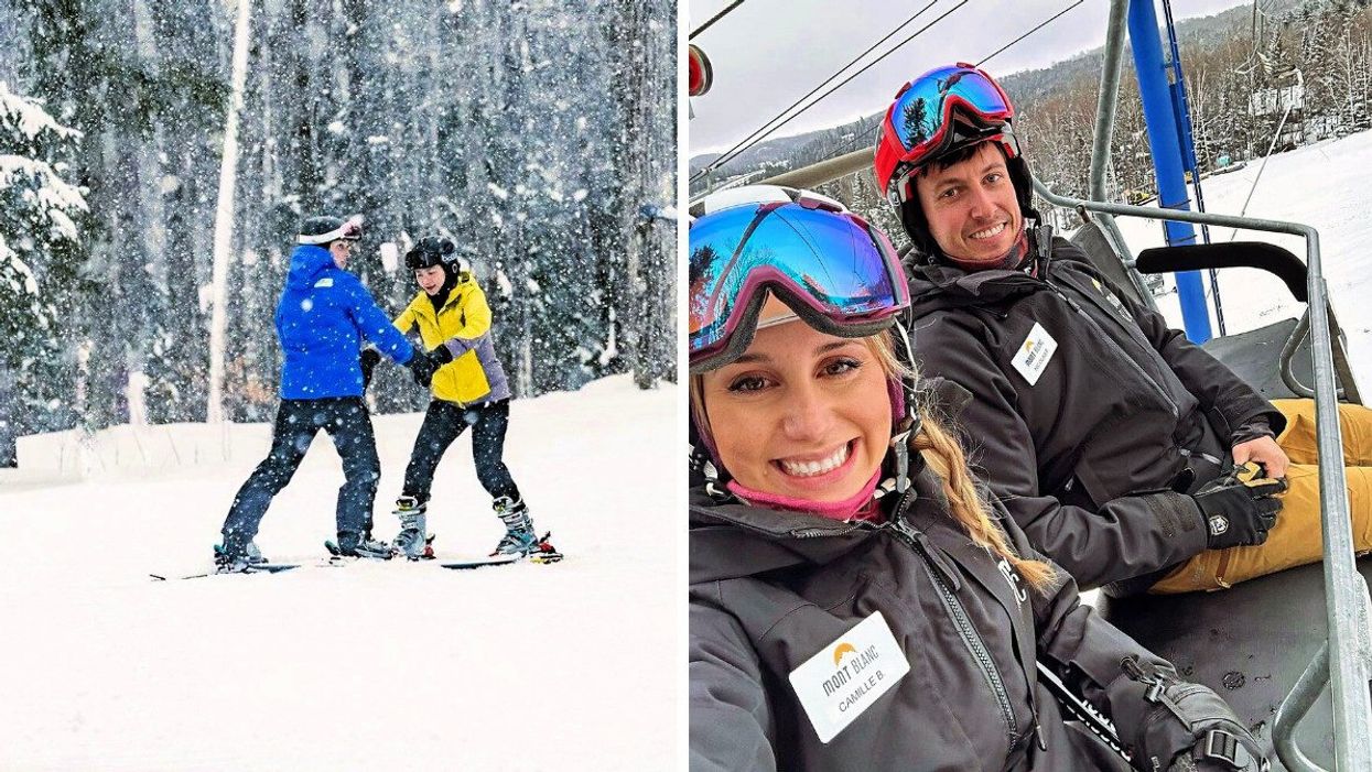 A ski instructor helps someone down. Right: Two people on a ski lift.