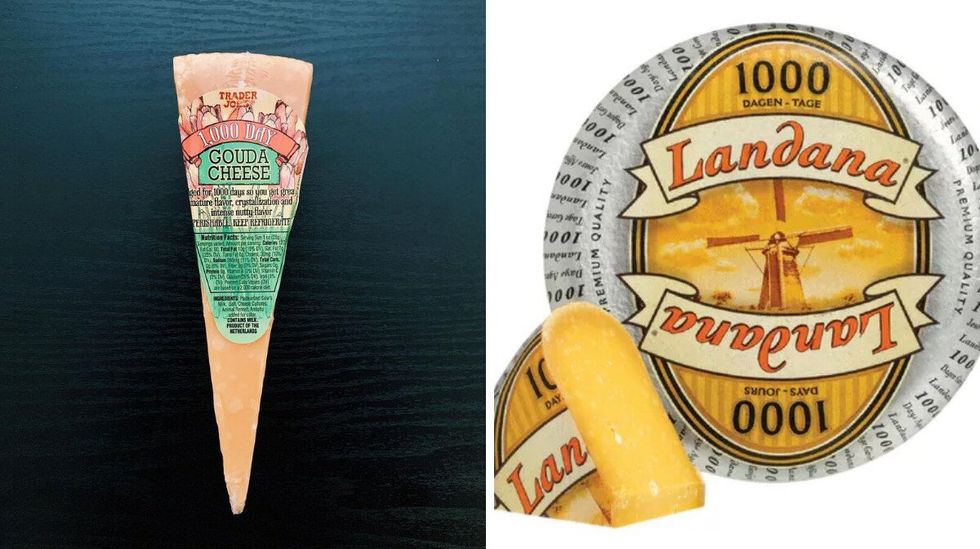 A slab of 1,000 Day Gouda Cheese from Trader Joe's. Right: A wheel of 1,000 Day Gouday from Landana.