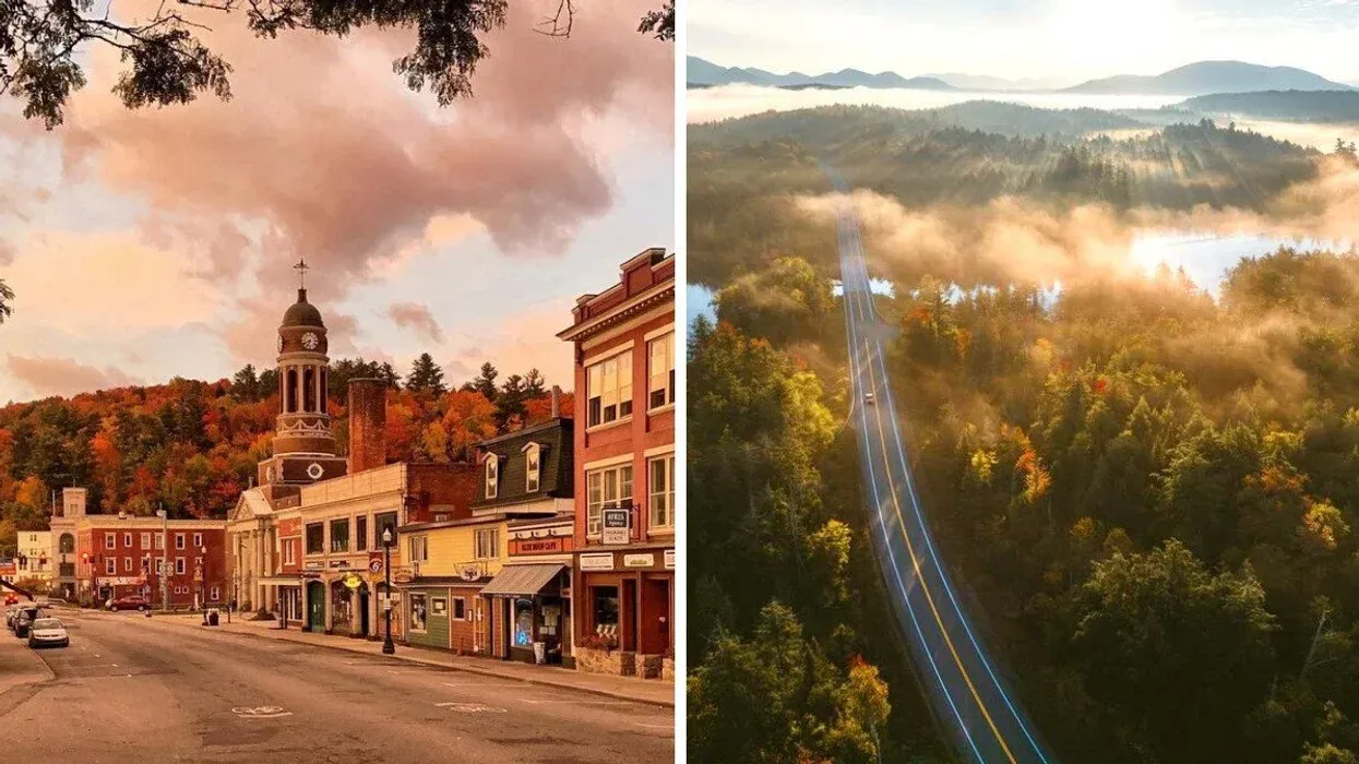 A small town during the fall. Right: A road winding through fall colours.