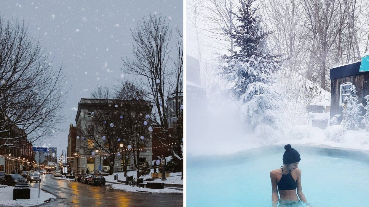 A small town in the winter. RIght: A person at a spa in the winter.