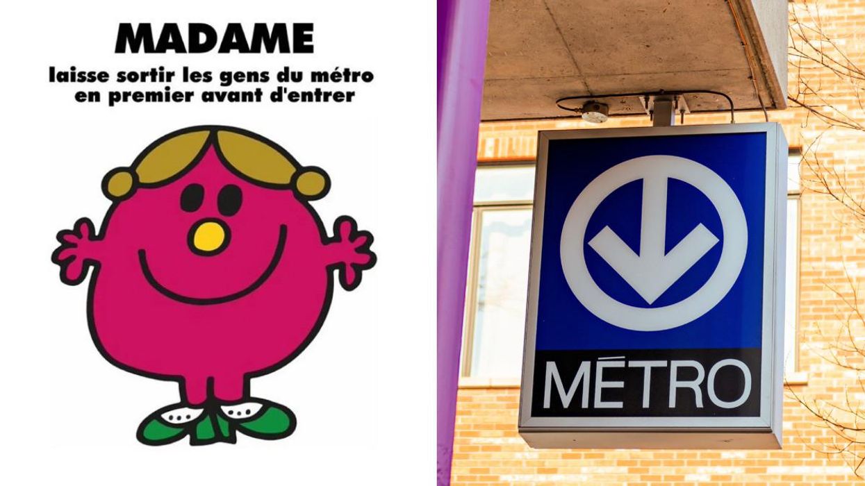 A smiling Little Miss character with the overhead caption, 'Little Miss lets other people exit the train car before entering.' Right: A Montreal metro sign.