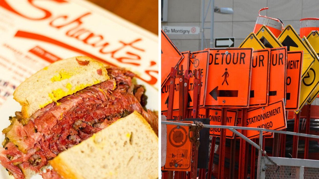 A smoked meat sandwich from Schwartz's. Right: A bunch of Montreal road work signs.
