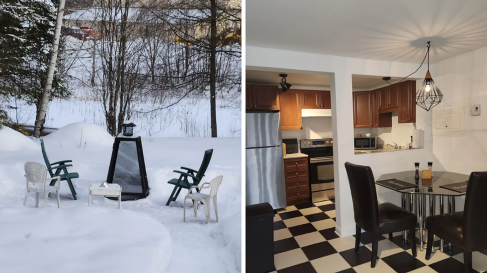 A snow-covered fire pit of an Airbnb in Saint-C\u00f4me, Quebec.
