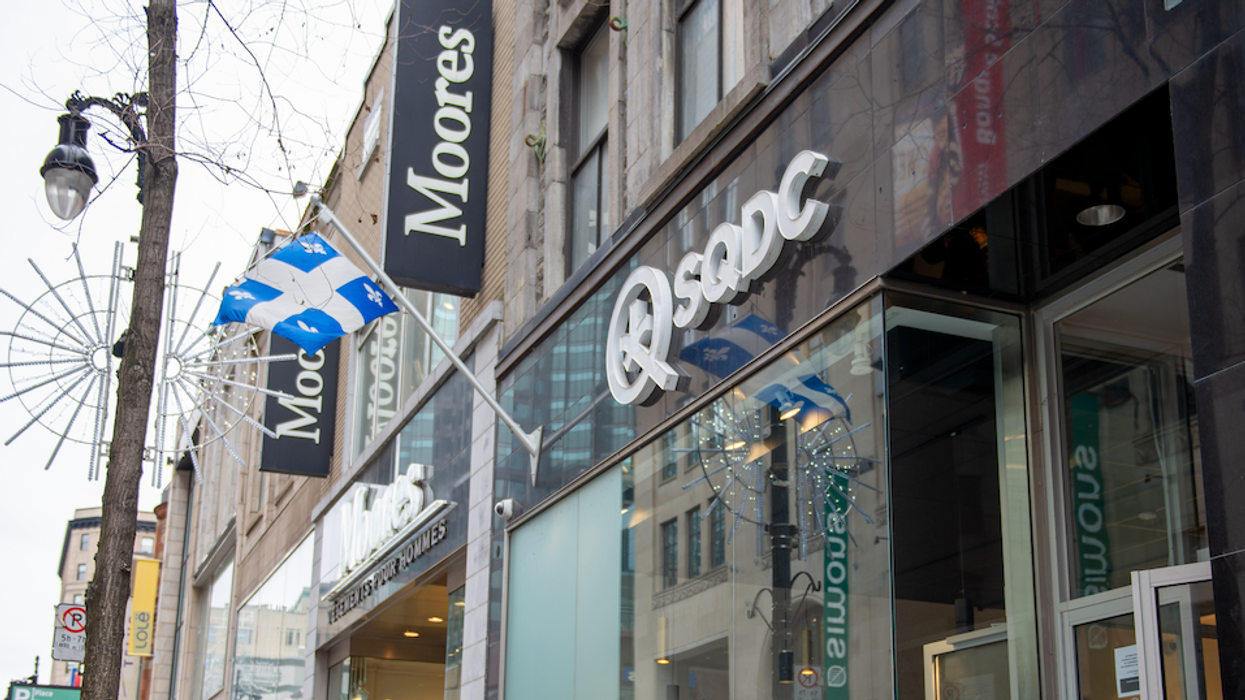 A Société québécoise du cannabis (SQDC) store sign in downtown Montreal, Quebec, Canada.