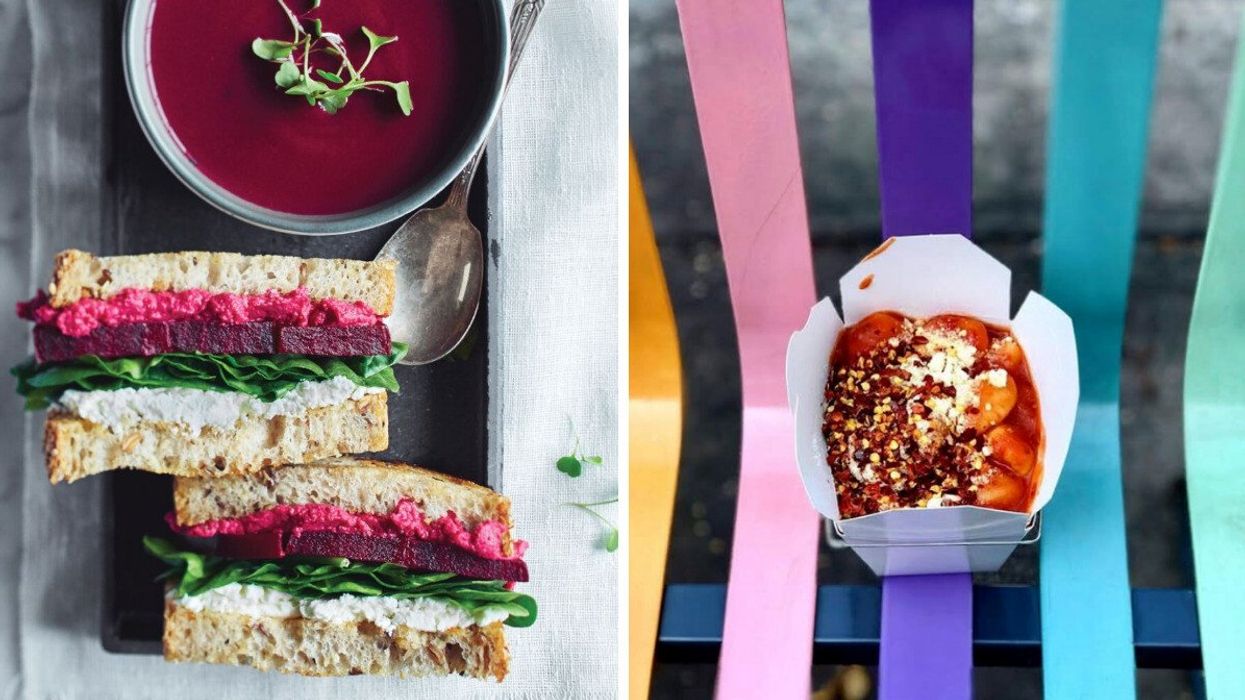 A soup paired with a sandwich. Right: A container full of gnocchi and red sauce.