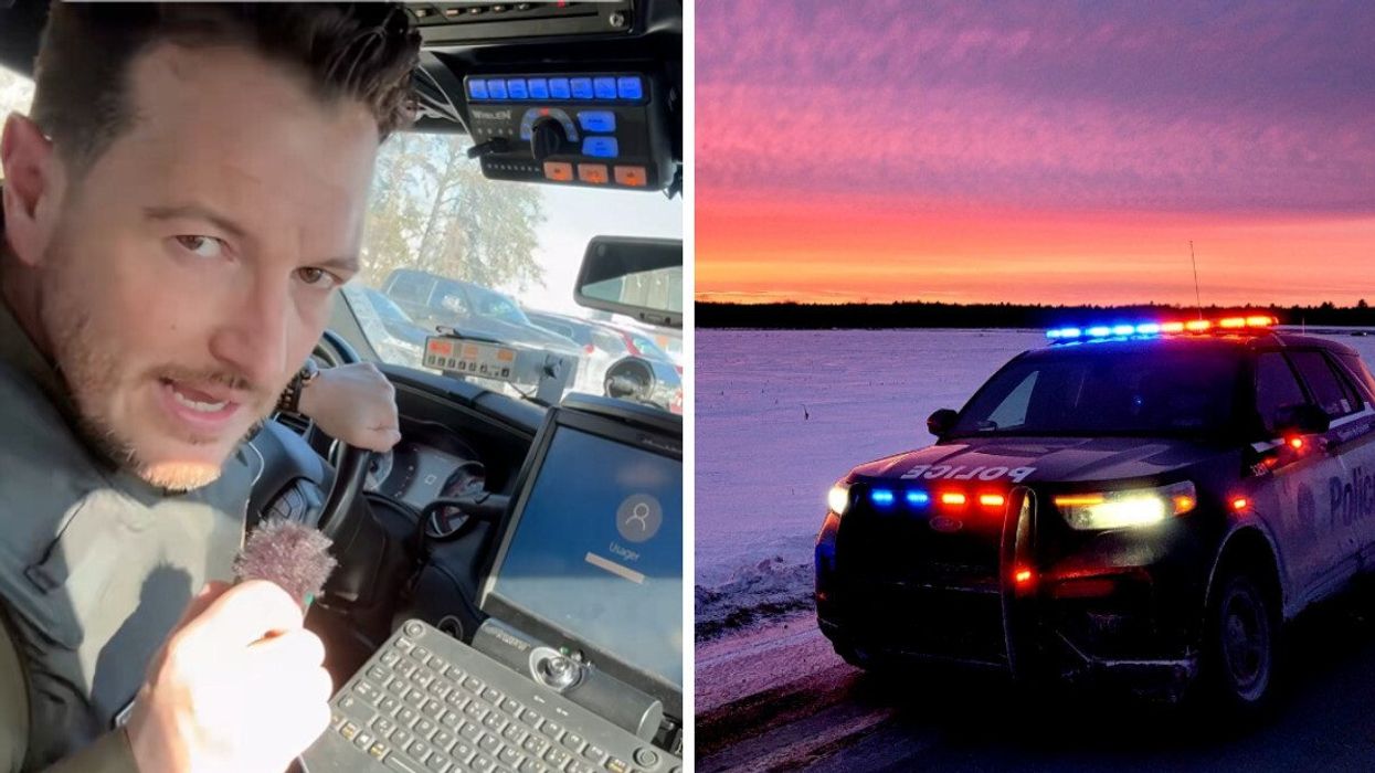 A SQ police officer inside a squad car. Right: An SQ squad car in Quebec.
