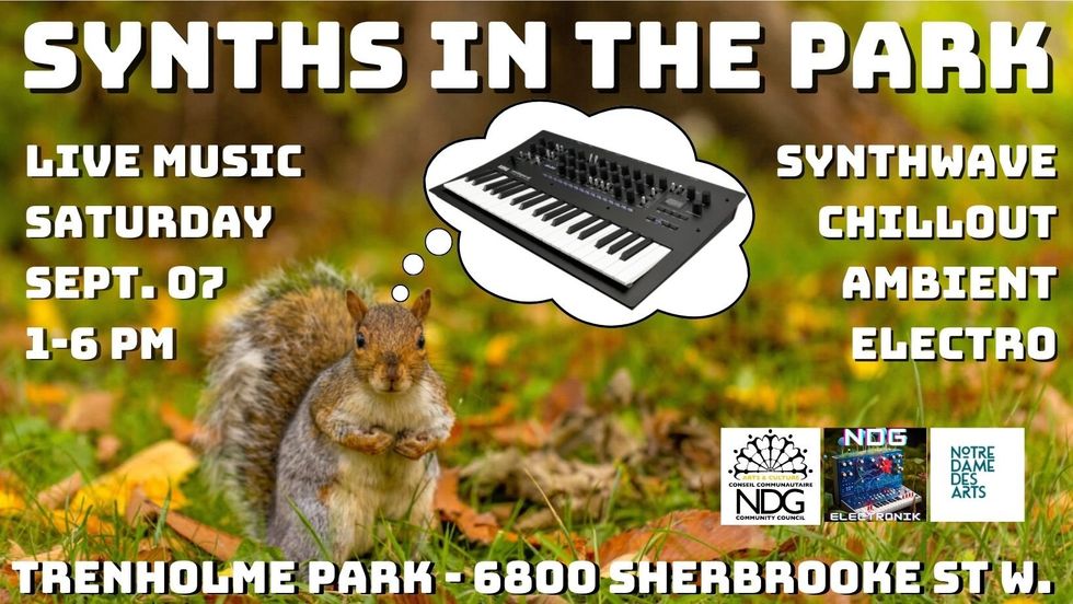 A squirrel contemplates electronic music on the Synths in the Park flyer.