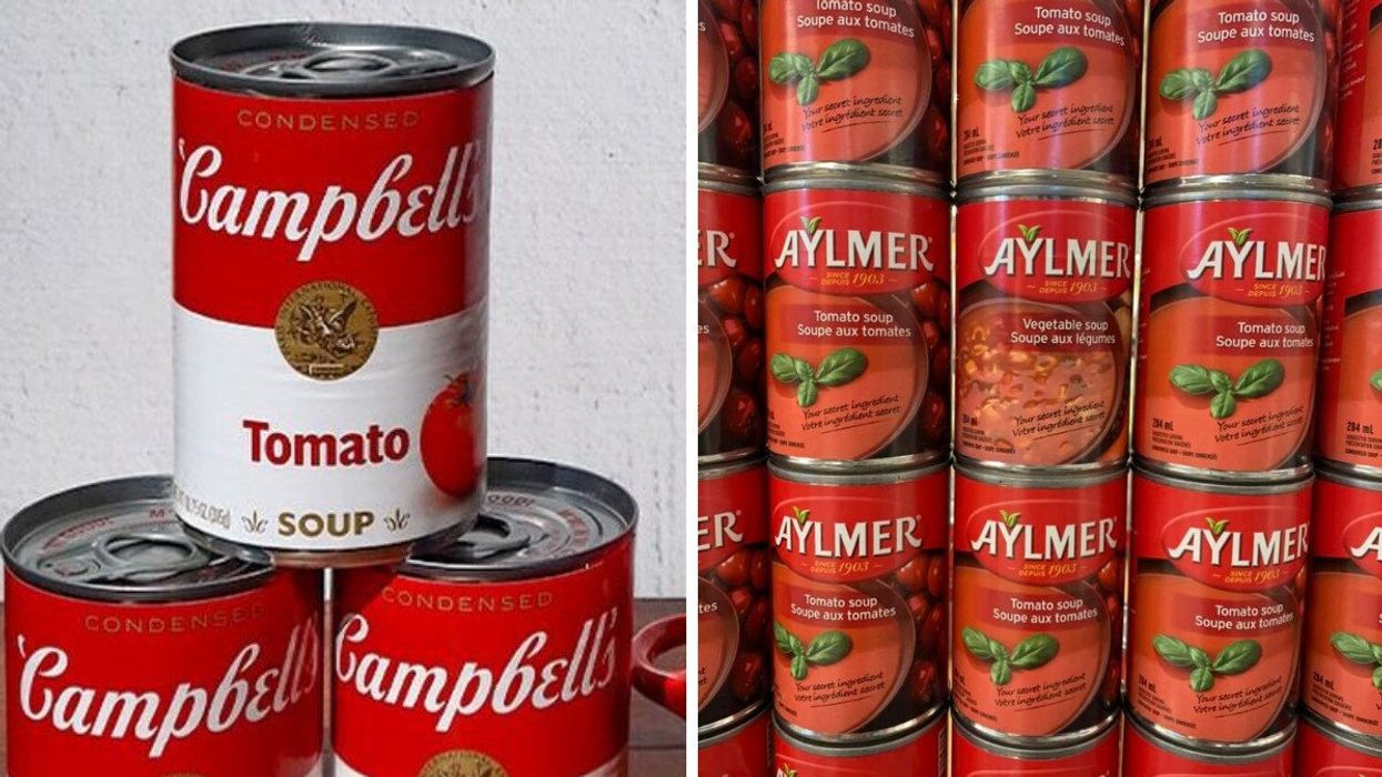 A stack of Campbell's soup cans. RIght: Cans of Aylmer soup on a grocery shelf.