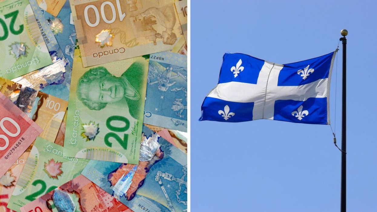 A stack of Canadian bills. Right: A Quebec flag waving.