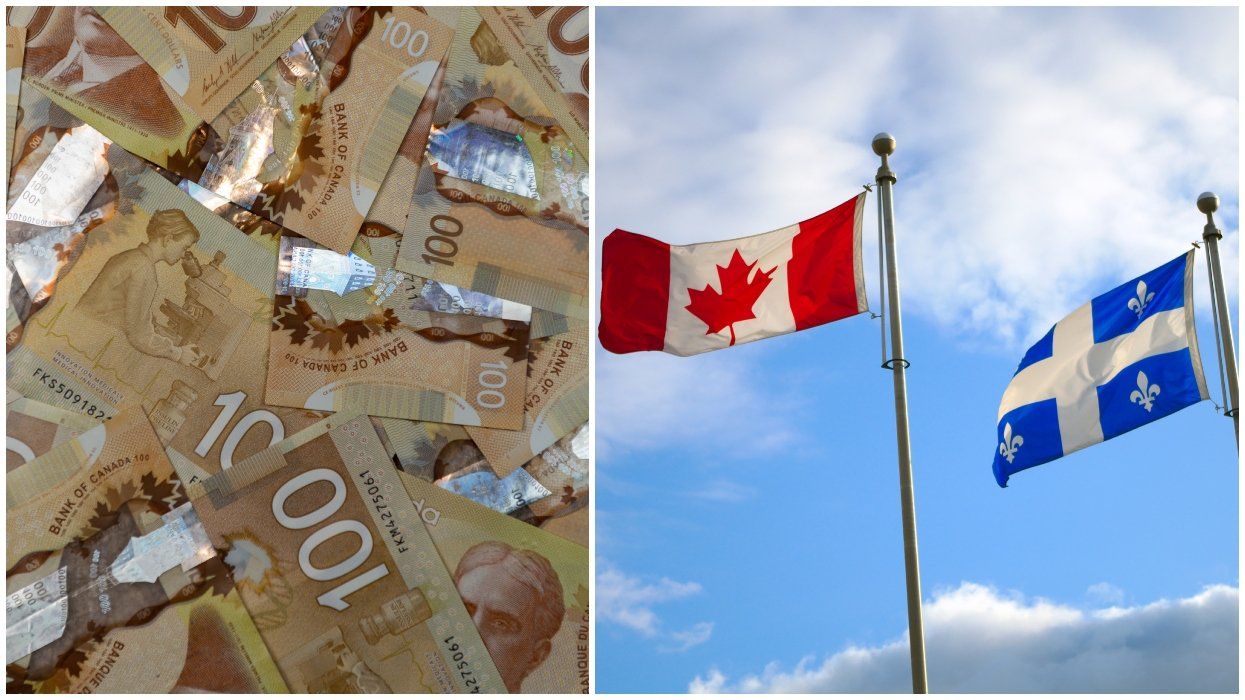 A stack of Canadian money. Right: A Canada and Quebec flag wave next to one another.