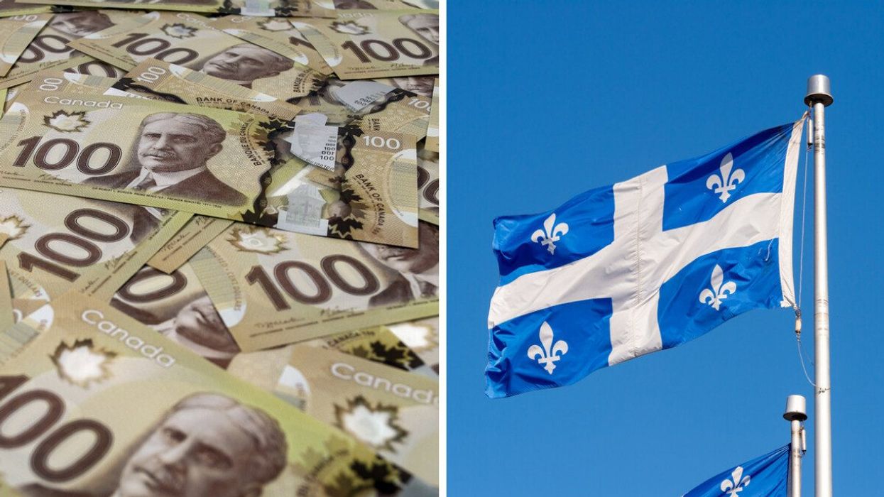 A stack of Canadian money. Right: The Quebec flag waving in the wind.