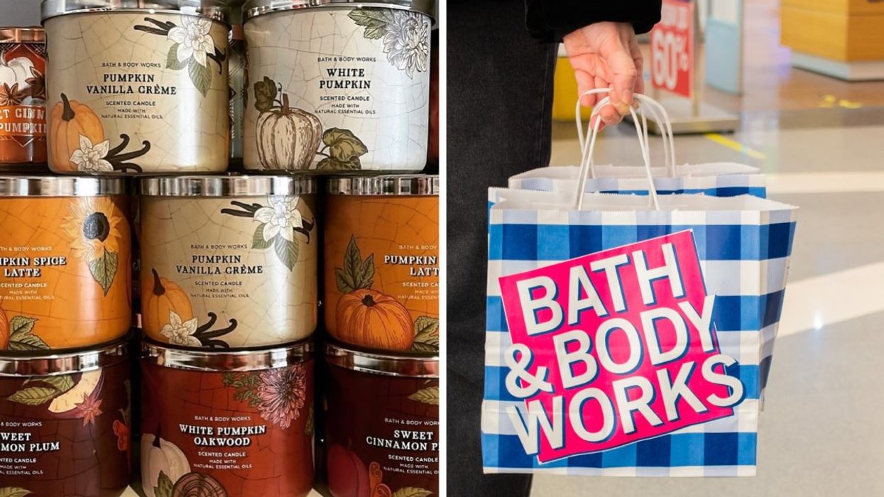 A stack of fall scented three-wick candles from Bath & Body Works Canada. Right: A person holding Bath & Body Works paper bags.