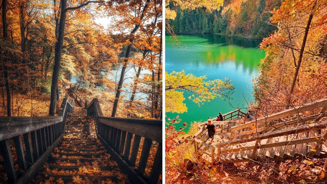 A staircase leading through an orange and gold forest. Right: A turquoise lake at a park in Quebec.