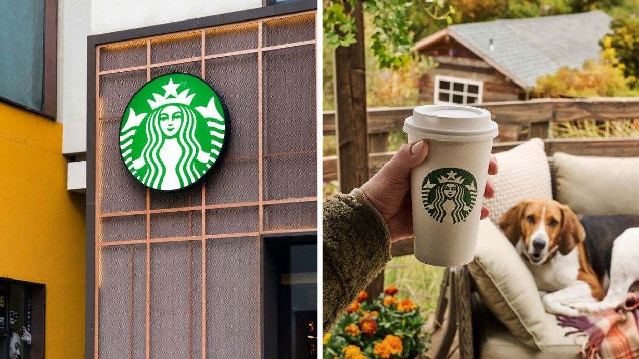 A Starbucks sign. Right: Someone holding a Starbucks coffee cup (illustrative).