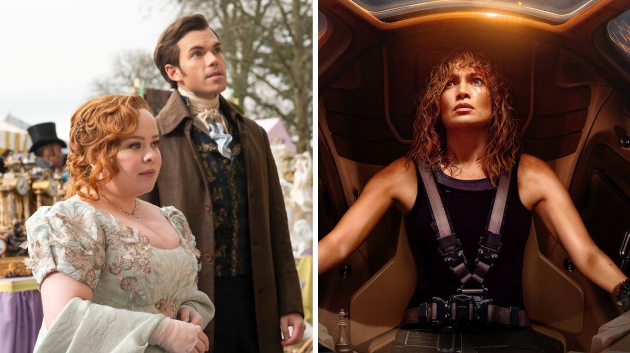 A still from season three of 'Bridgerton' featuring actors Nicola Coughlan and Luke Newton wearing apparel from the 1800s. Right: A still from Jennifer Lopez's upcoming action film 'Atlas' where she is strapped inside of a spaceship.