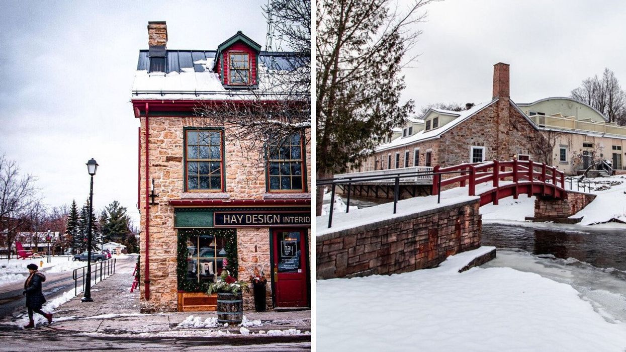 A stone building with green and red accents stands on a snowy street. Right: A snow-covered red bridge crosses a partially frozen stream next to a historic stone building.