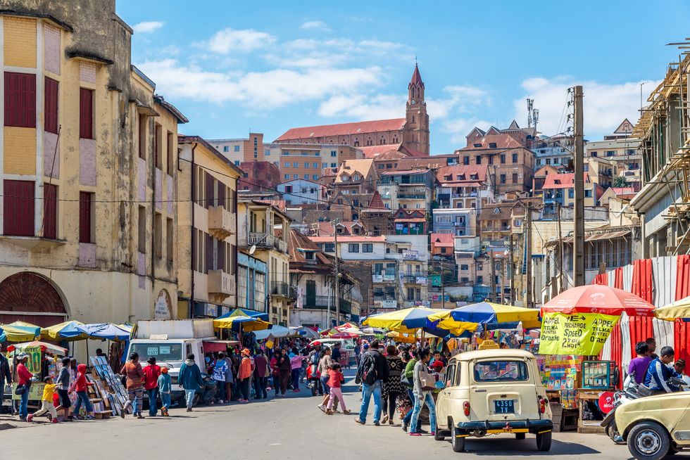 A street in Antananarivo, the capital and largest city in Madagascar.
