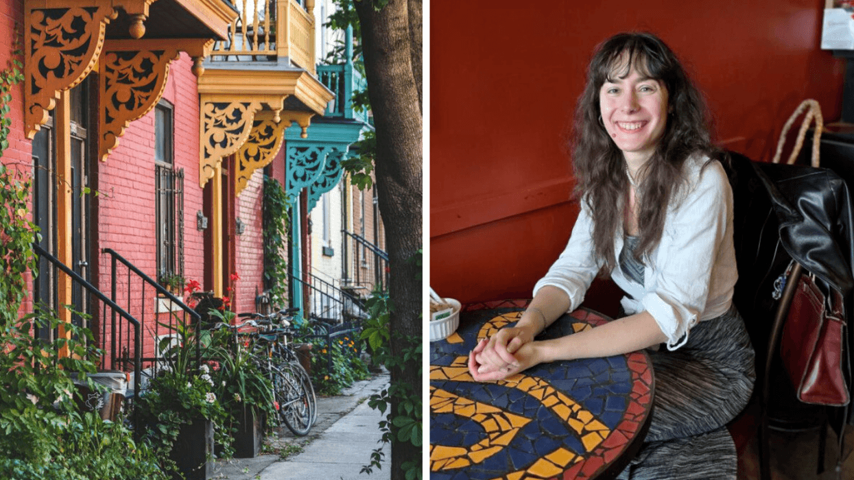 A street. Right: A person at a restaurant.