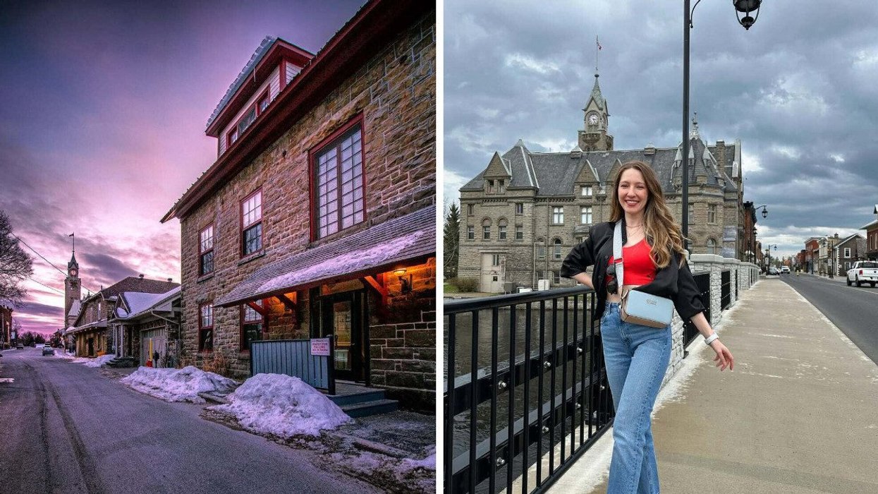 A street with stone buildings. Right: A person standing on a street.