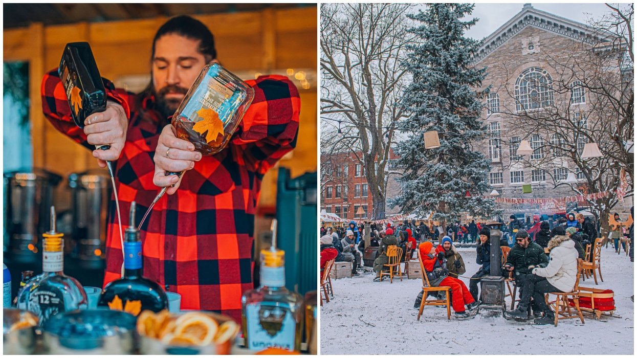 A sugar shack festival in Verdun. Right: A man pouring maple liquor. 