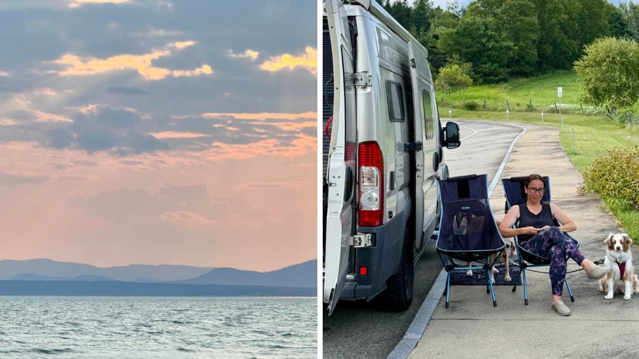A sunset view across the St. Lawrence from a ferry. Right: A woman sitting beside a campervan with two dogs at La Descente in Charlevoix, Quebec, with green hills in the background.