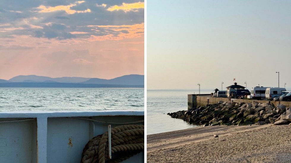 A sunset view across the St. Lawrence from a ferry. Right: Campervans parked along the waterfront in Saint-Sim\u00e9on, Quebec.
