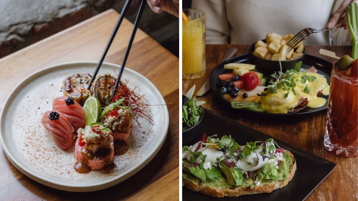 A sushi dish made up of maki and nigiri pieces from Kyo Restaurant. Right: The brunch made up of avocado toast and eggs Benedict served at Mechant Boeuf