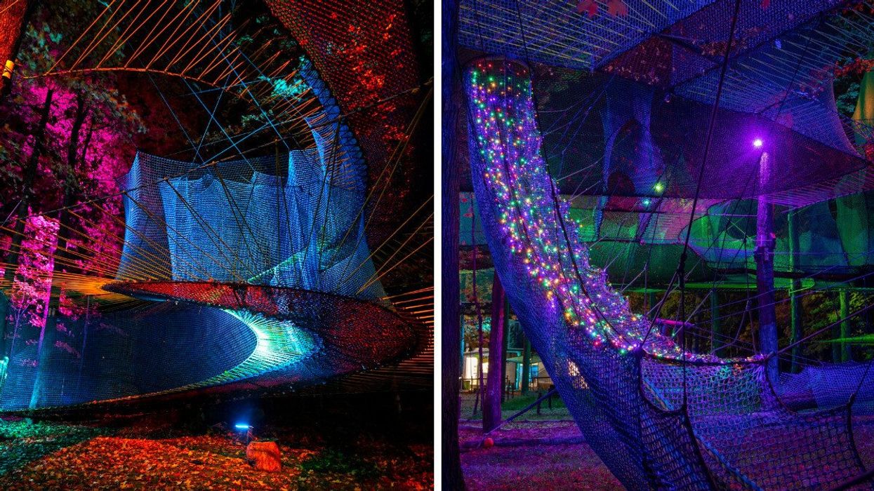 A suspended spiral path. Right: A fairy lights illuminated tunnel connected to treetop trampolines at Uplå.