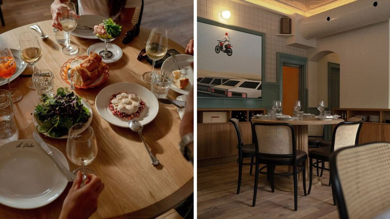 A table at La Violon in Montreal. Right: The interior of a Montreal restaurant's dining room.