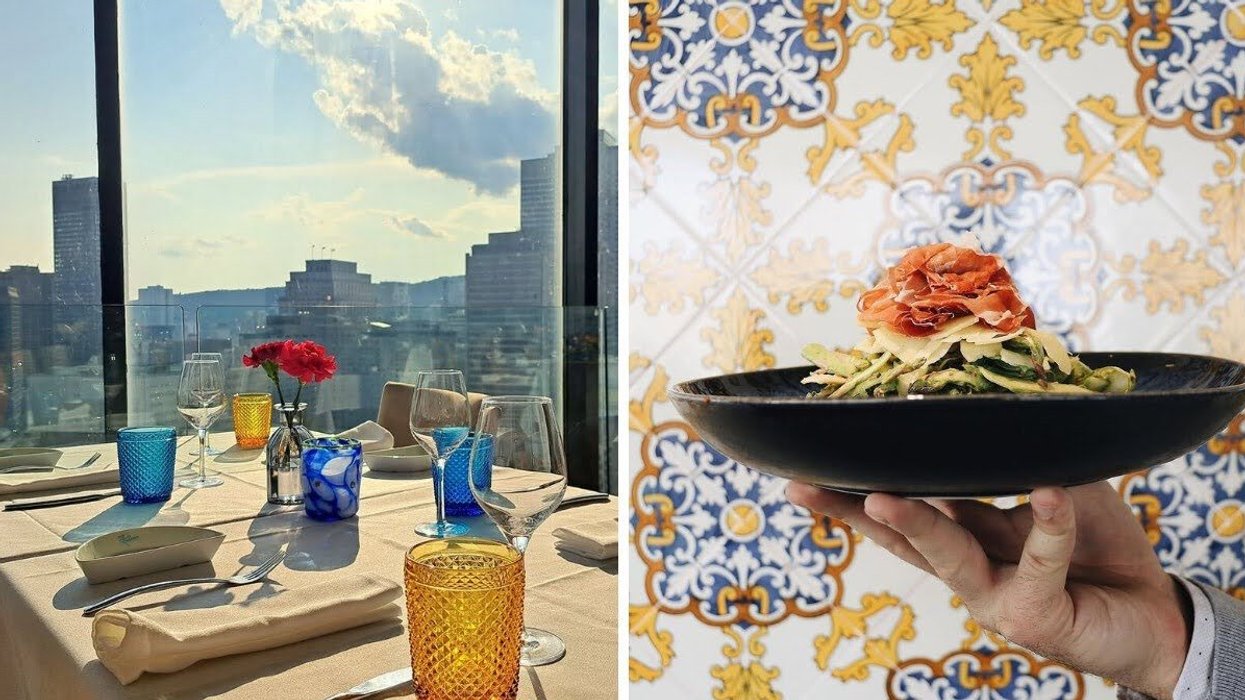 A table with a city view. Right: A hand holding a plate of food.