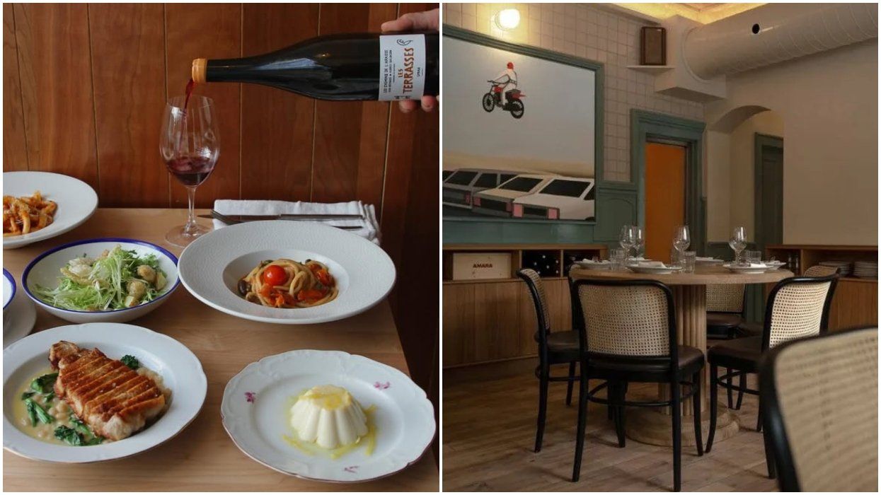 A table with multiple plates and wine. Right: Le Violon restaurant in Montreal.