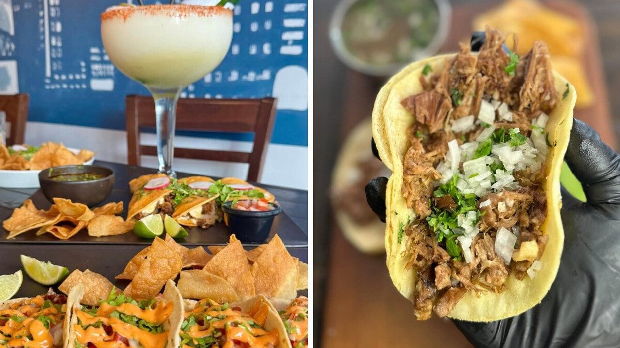A table with tacos and a large margarita. Right: A hand holding a taco.