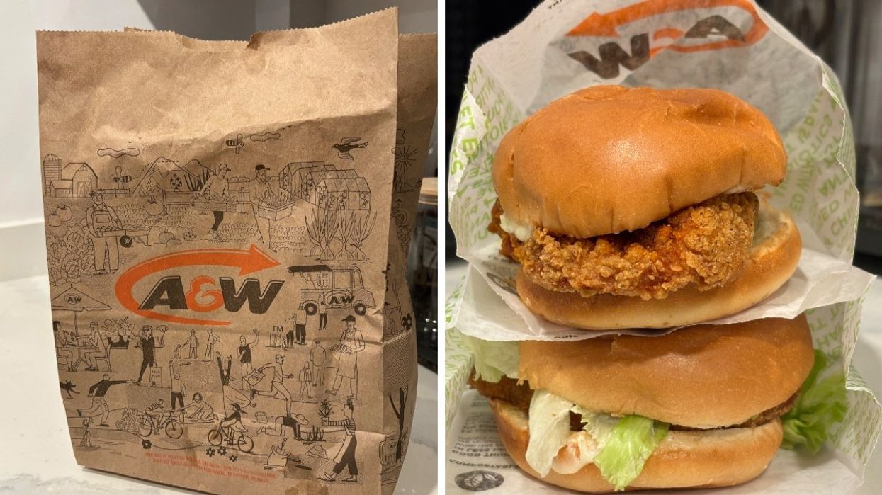 A takeout bag from A&W Canada. Right: The Nashville chicken sandwich and the Chubby chicken sandwich from A&W Canada stacked on top of one another.