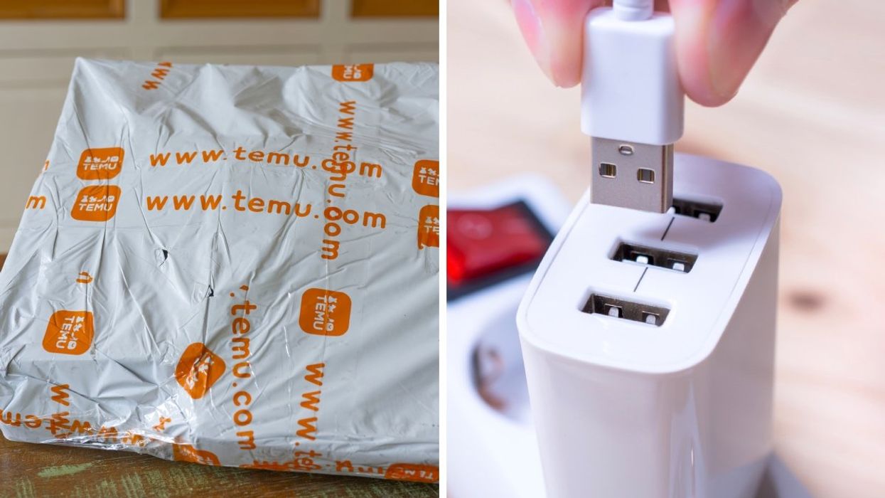A TEMU deliver package. Right: A person plugging a USB into a USB charging port.