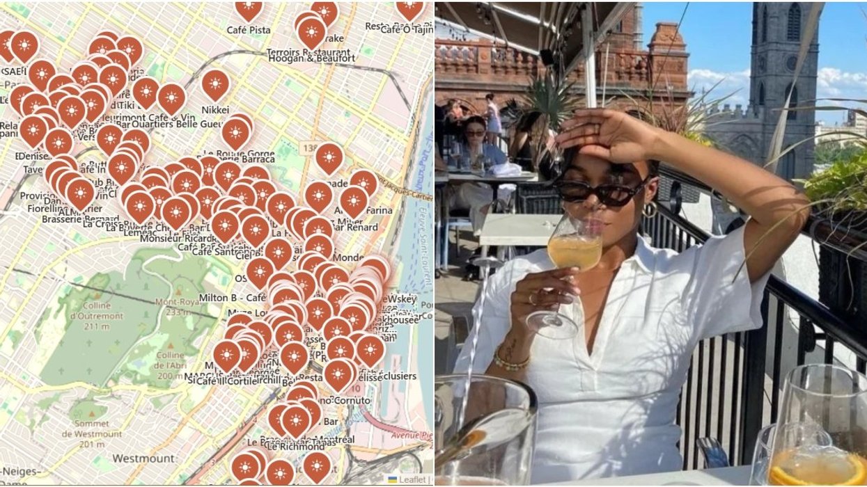 A terrasse map of Montreal. Right: A girl sips cocktails on a terrasse in Montreal.