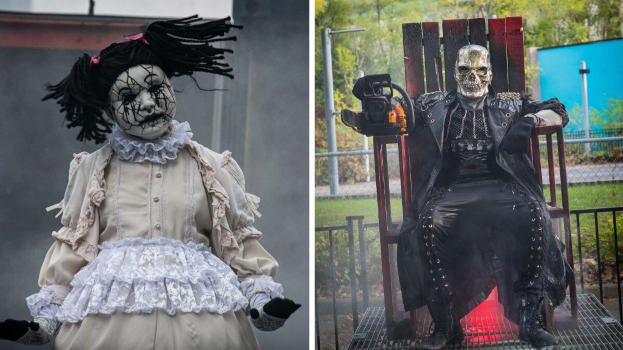 A terrifying-looking doll figure stares into the camera lens. Right: A scary character with a skull for a face poses on a chair.