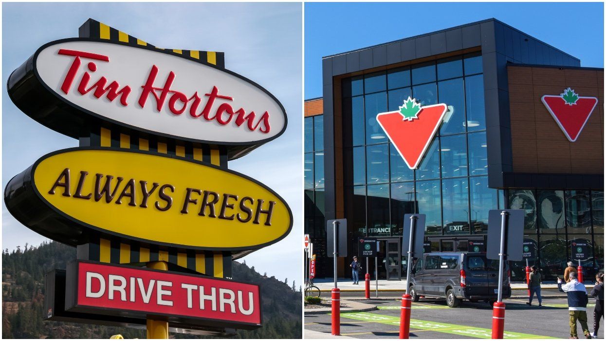 A Tim Hortons sign. Right: A Canadian Tire store.