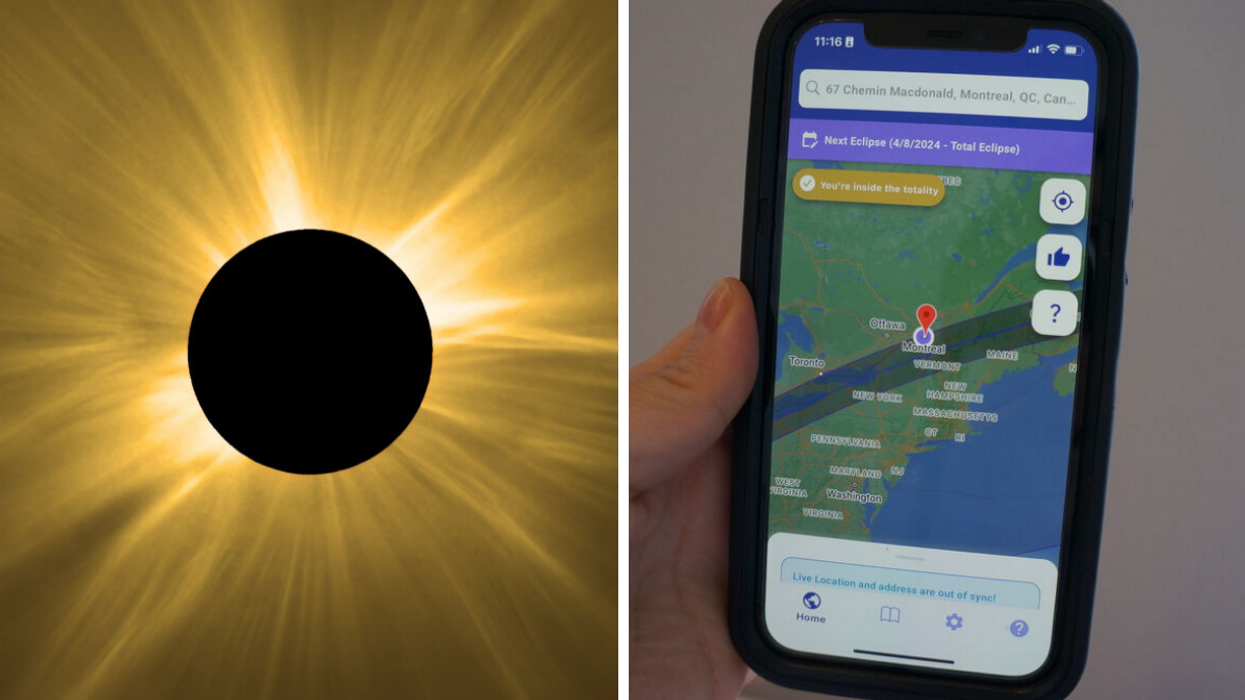 A total solar eclipse in progress. Right: Someone holds an iPhone showcasing a map feature on a Montreal-made app dedicated to solar eclipses.