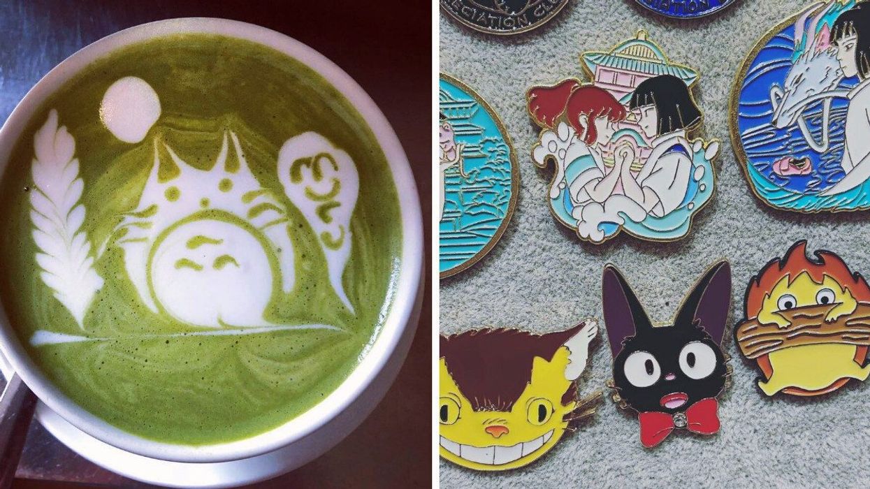 A Totoro-themed matcha latte from Muru Crêpe. Right: A selection of Studio Ghibli pins from WXY Mode Lab.