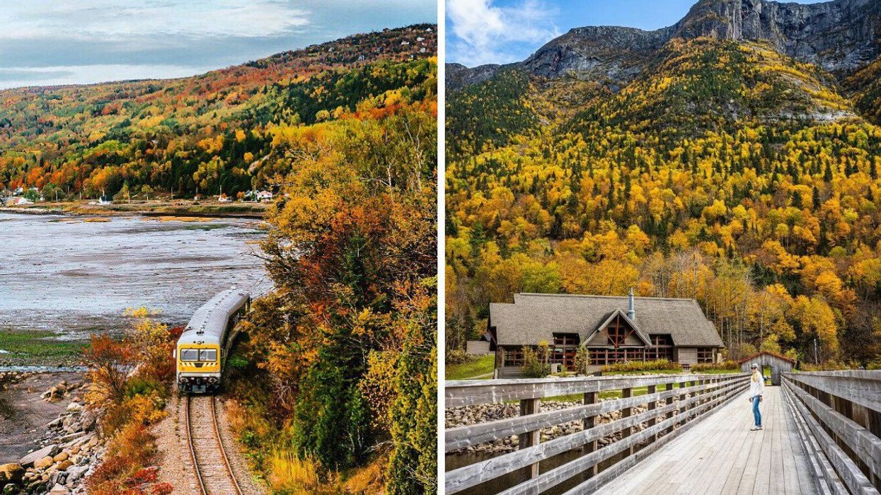 A train winds through fall colours. Right: A person in a national park in Quebec.