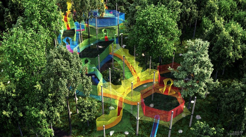 A trampoline course within a forest in Quebec.
