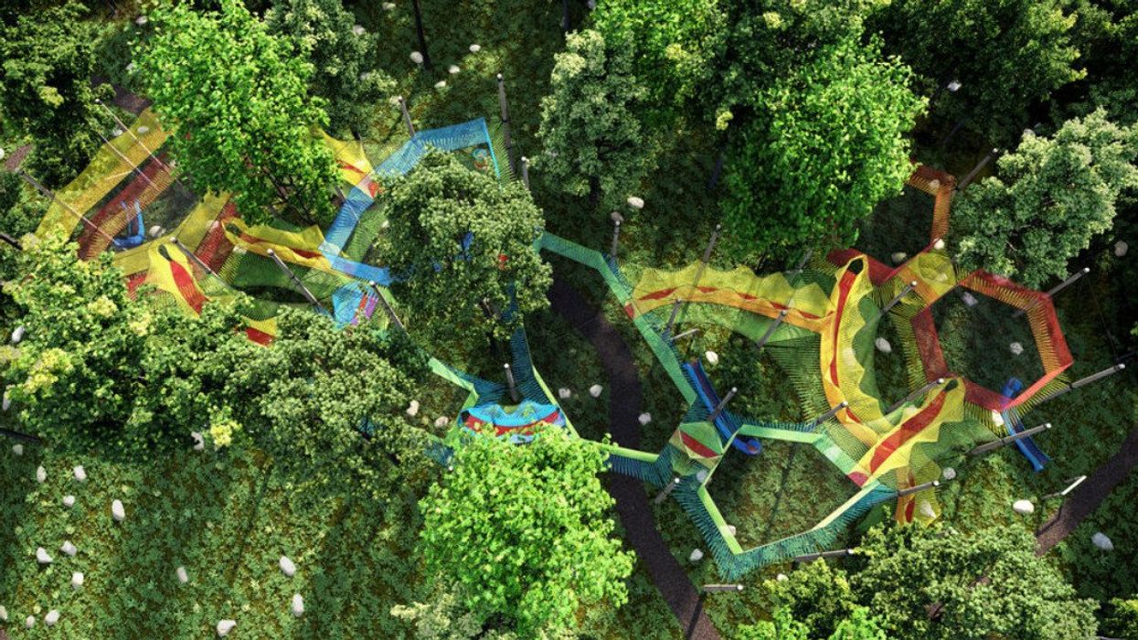 A trampoline course within a forest in Quebec.