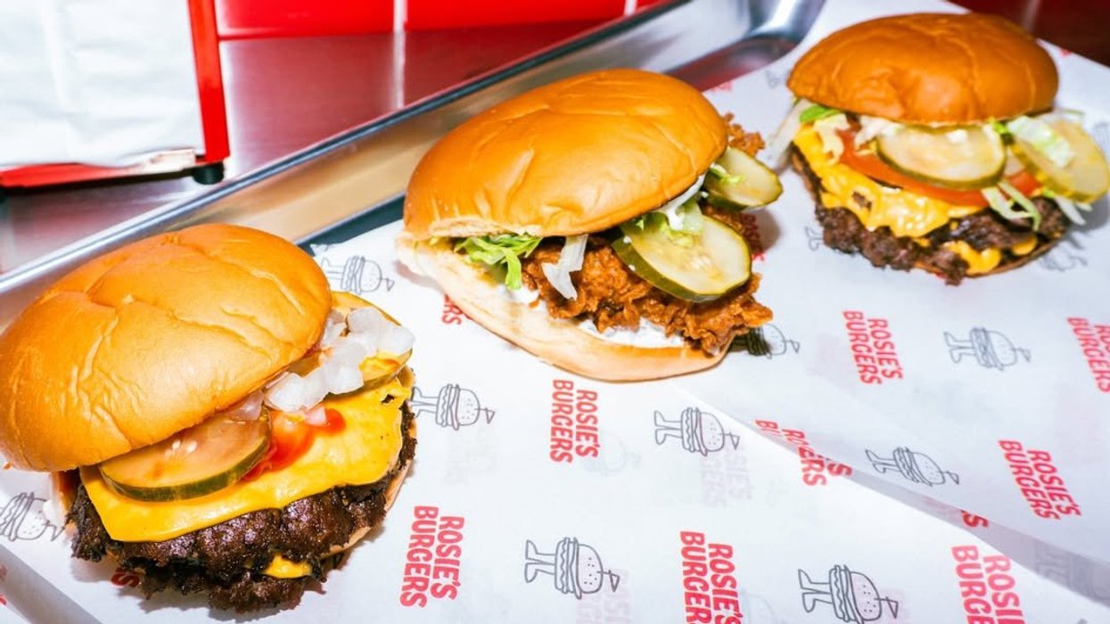 A tray of Rosie's Burgers.