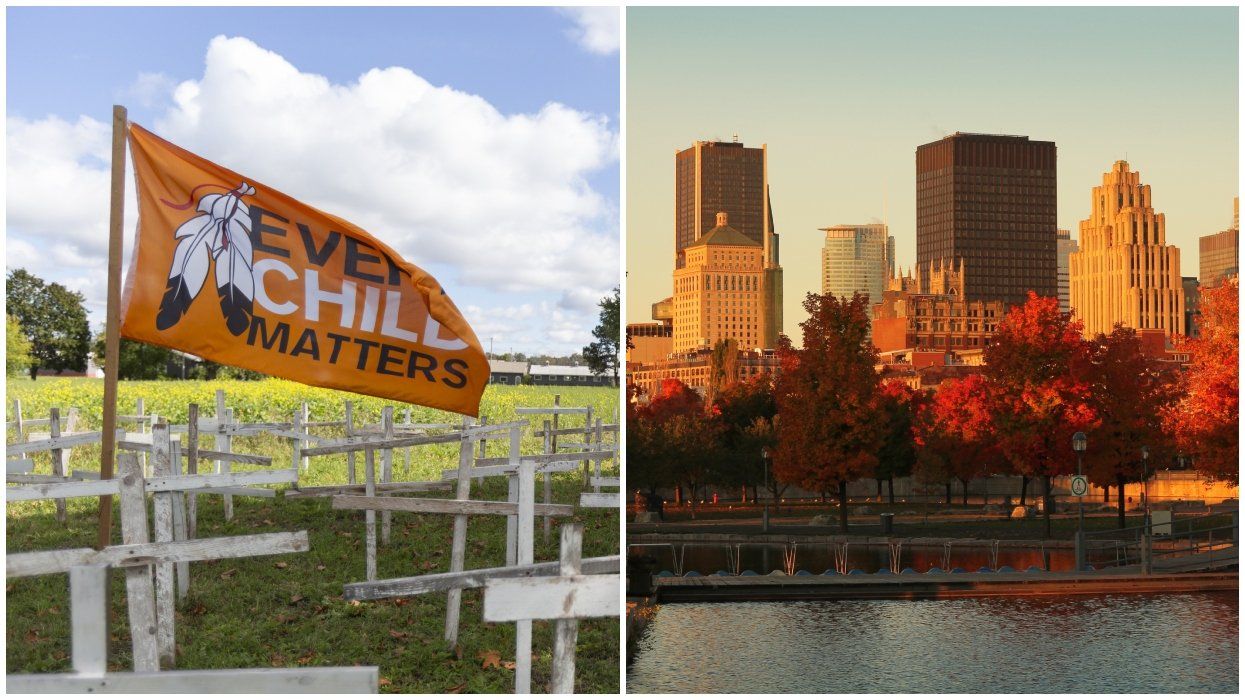 A Truth and Reconciliation Day flag waves. Right: The Montreal skyline during fall.